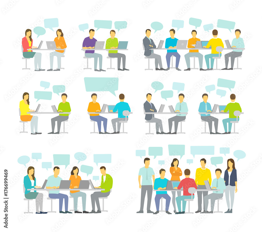 Office team business people big set discussing meeting sit desk working. Brainstorming talking. Office team business people big set discussing meeting sit desk working. Brainstorming talking.