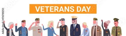 Veterans Day Celebration National American Holiday Banner With Group Of Retired Military People Vector Illustration