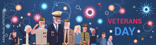 Veterans Day Celebration National American Holiday Banner With Group Of Retired Military People Vector Illustration