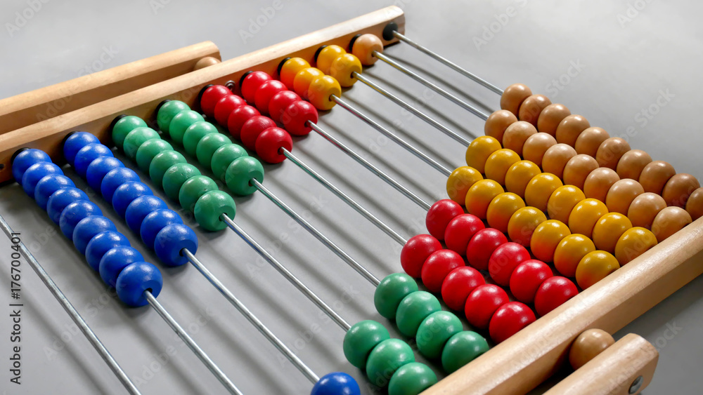 Perspective Abacus for Counting Practice, Beads Aligned Diagonally on Gray Background Perspective Abacus for Counting Practice, Beads Aligned Diagonally on Gray Background