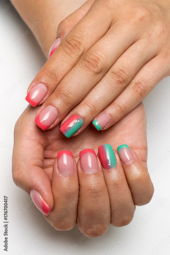 French red, pink, mint, green manicure with crystals on long square nails French red, pink, mint, green manicure with crystals on long square nails
