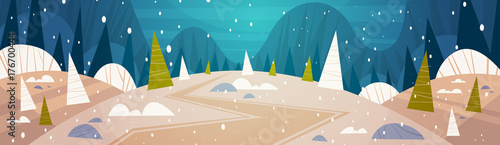 Winter Forest Landscape Moon Shining Over Snowy Trees, Merry Christmas And Happy New Year Banner Holidays Concept Flat Vector Illustration