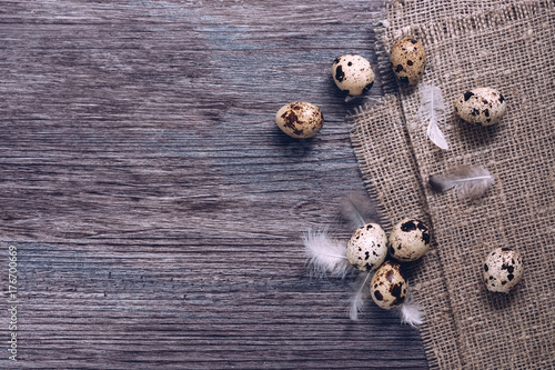 Quail eggs with feathers on a wooden surface, top view.