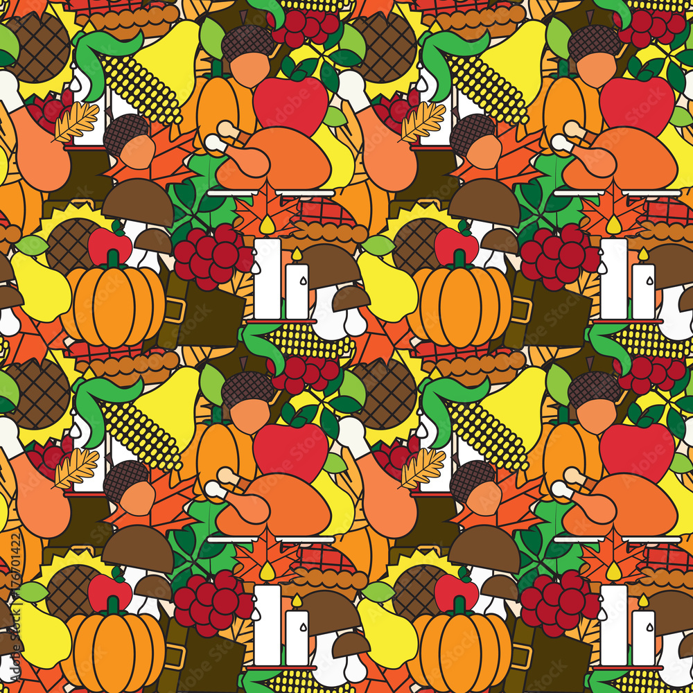 Fototapeta premium Happy Thanksgiving Day Seamless Pattern With Turkey And Harvest Vegetables Autumn Traditional Holiday Ornament Vector Illustration