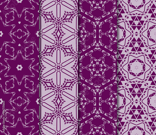 set of 4 Seamless vector texture with an abstract pattern of intertwined curves, geometric shapes in floral style. For the design of greeting cards, gift packages, textile industry. purple color