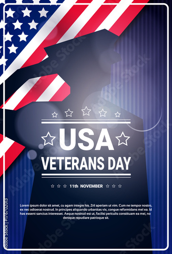 Veterans Day Celebration National American Holiday Banner With Soldier Silhouette Over Usa Flag Background Vector Illustration