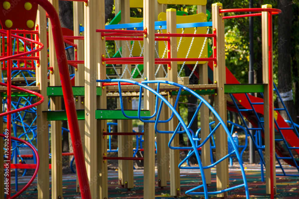 Colorful playground equipment for children in public park