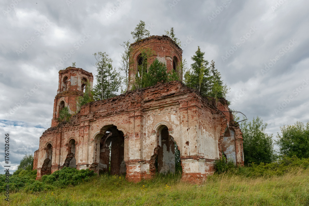 Ruined Church of the Kazan icon of the Mother of God. The  Village Of Russian Noviki. Valday district, Novgorod region, Russia