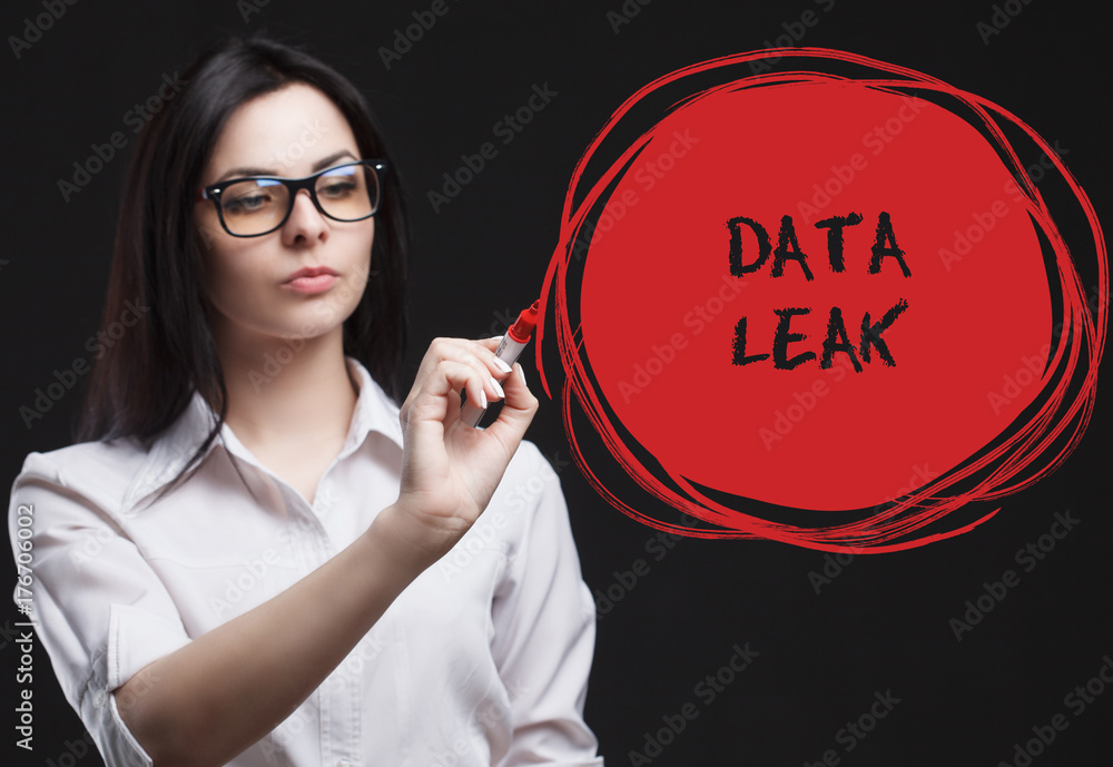 The concept of marketing, technology, the Internet and the network. A young businessman shows what is important for business: Data leak The concept of marketing, technology, the Internet and the network. A young businessman shows what is important for business: Data leak
