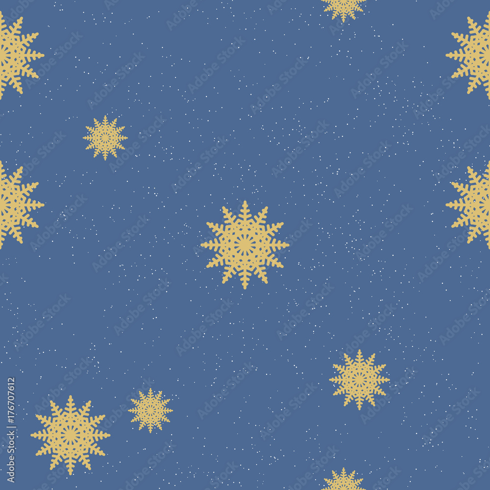 Seamless chaotic pattern of Golden snowflakes on blue grunge background. Vector illustration. Seamless chaotic pattern of Golden snowflakes on blue grunge background. Vector illustration.