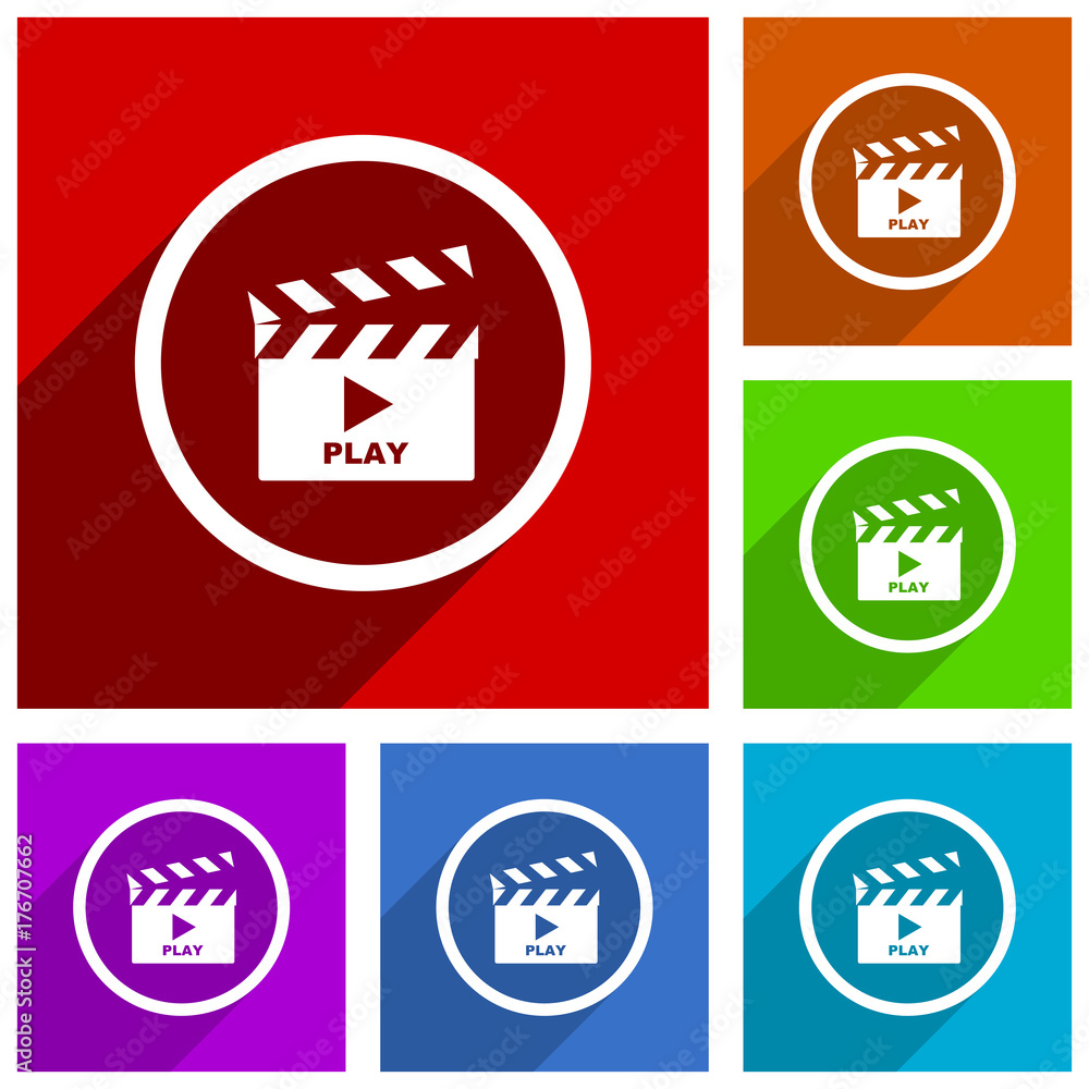 Play video flat design vector icon set. Colorful buttons for web design and smartphone and mobile phone applications