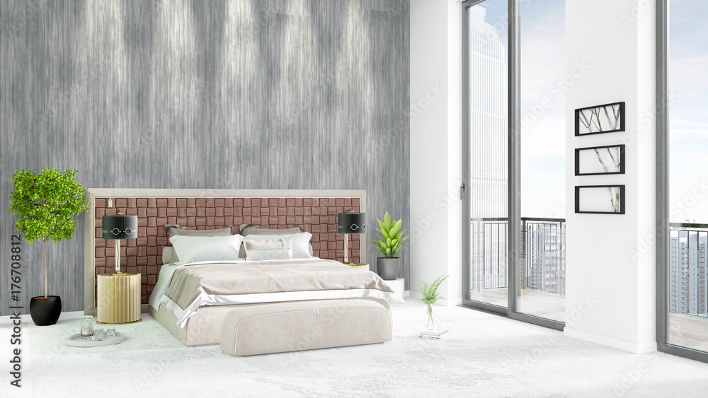Brand new white loft bedroom minimal style interior design with copyspace wall and view out of window. 3D Rendering. Brand new white loft bedroom minimal style interior design with copyspace wall and view out of window. 3D Rendering.