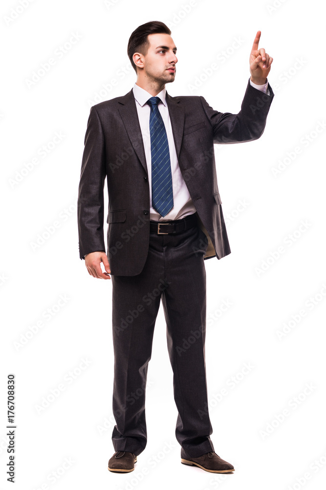 Full-length portrait of business man pushing something who wears suit with tie Full-length portrait of business man pushing something who wears suit with tie