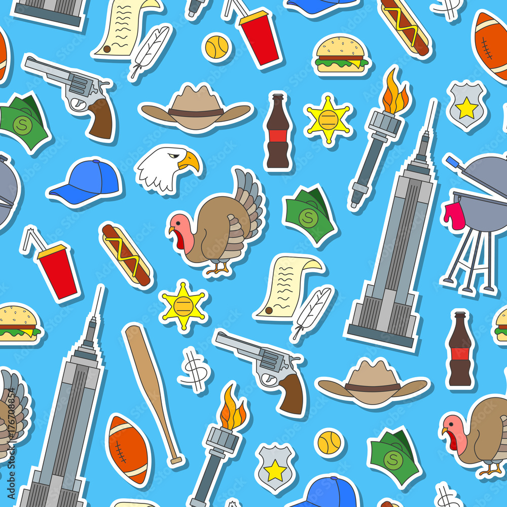 Seamless pattern on the theme of journey in the country of America, simple sticker icons on blue background Seamless pattern on the theme of journey in the country of America, simple sticker icons on blue background