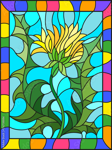 Fototapeta Naklejka Na Ścianę i Meble -  Illustration in stained glass style flower of Taraxacum  on a blue background in a bright frame