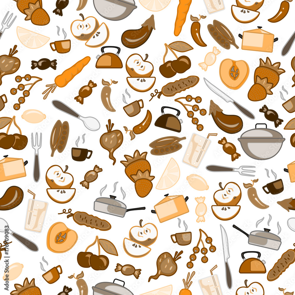 Seamless pattern with simple icons on a theme kitchen accessories and food , icon on a light background,sepia,brown tone Seamless pattern with simple icons on a theme kitchen accessories and food , icon on a light background,sepia,brown tone