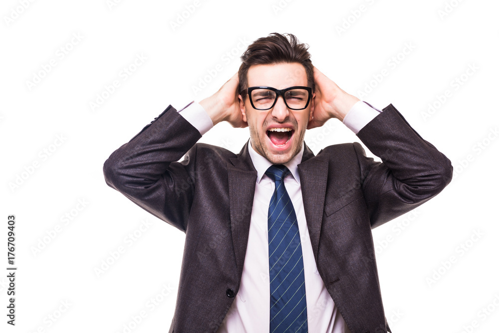 Businessman getting excited and angry. Studio shot isolated on white background. Businessman getting excited and angry. Studio shot isolated on white background.