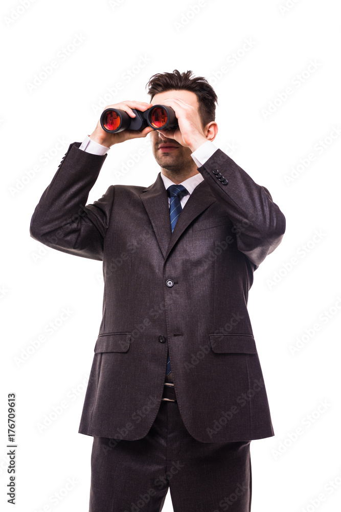 american businessman using binoculars on white american businessman using binoculars on white