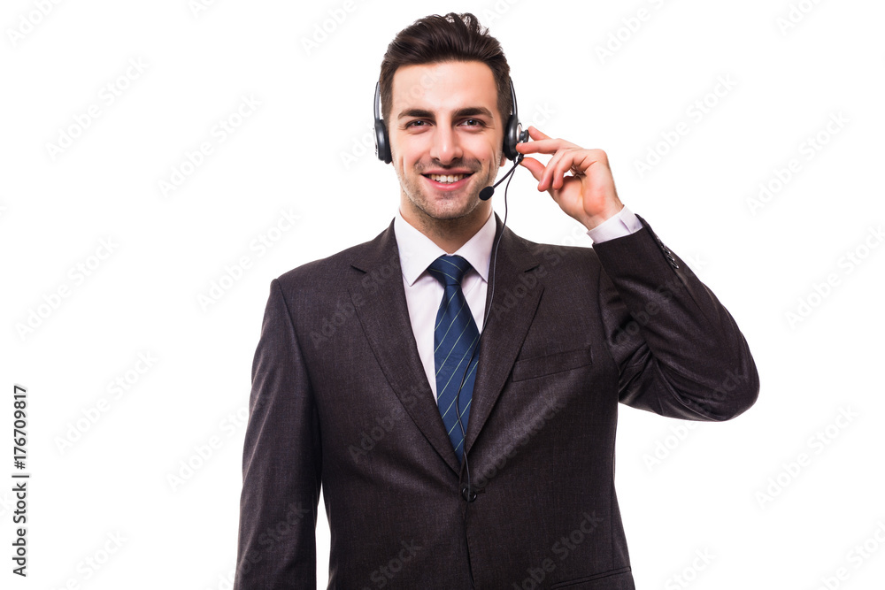 Customer support operator with a headset on white Customer support operator with a headset on white