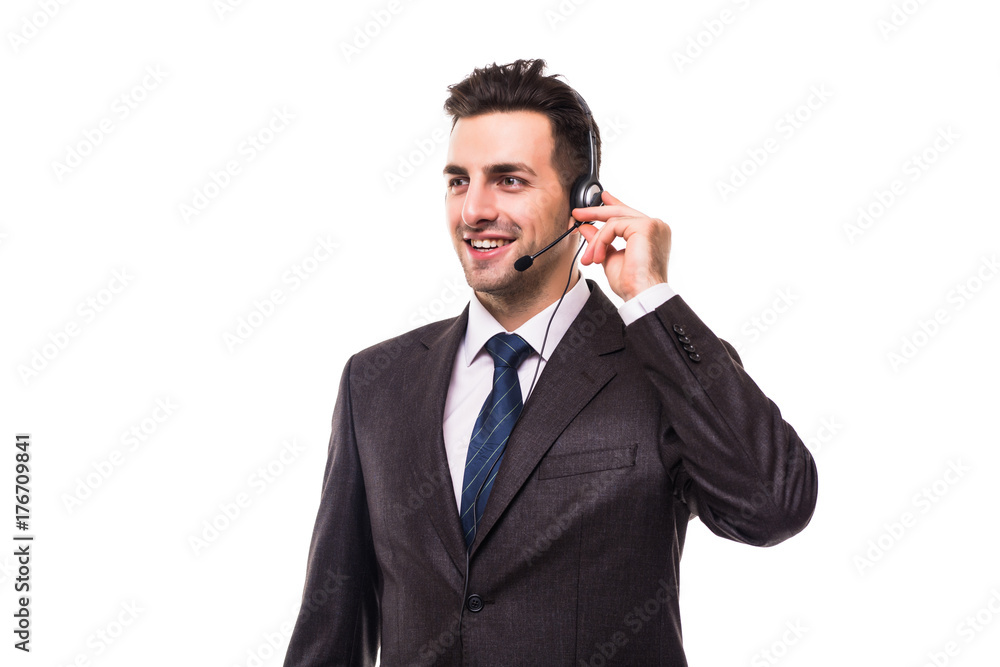 Close up photo of handsome young smiling confident worker of call center isolated on white background Close up photo of handsome young smiling confident worker of call center isolated on white background