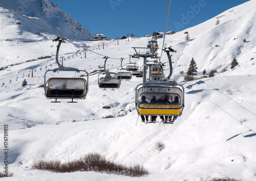 Skiing area in the Dolomites Alps. Overlooking the Sella group in Val Gardena. Italy