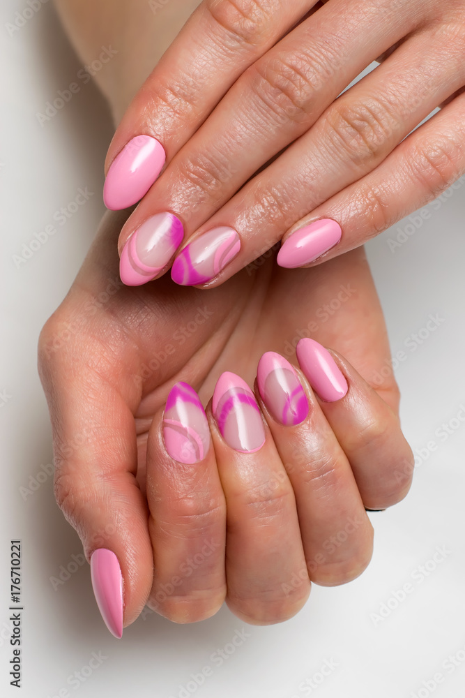 gentle pink French manicure with a violet painting on sharp long nails gentle pink French manicure with a violet painting on sharp long nails