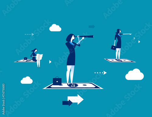 Searching for success. Business team standing money flying. Concept business vector illustration.