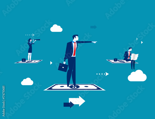 Searching for success. Business team standing money flying. Concept business vector illustration.