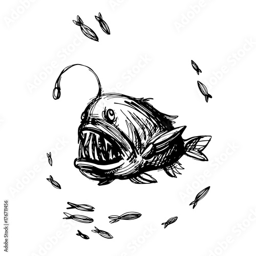 Handsketched angler fish, toothy fish monster. Monkfish ink sketch, deep water angler. Fish and sea vector illustration
