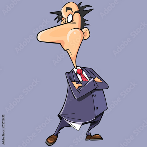 cartoon cunning man in a suit and tie with arms crossed on chest