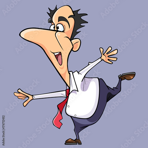 cartoon happy man in a tie stands in a pose swallow