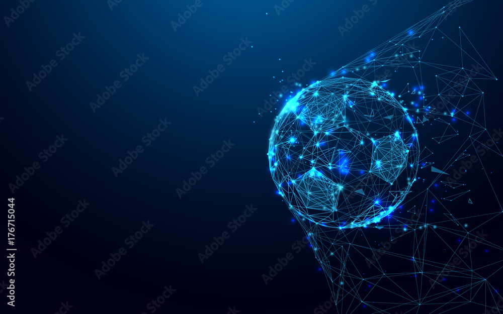 Soccer ball in goal from lines and triangles, point connecting network on blue background. Illustration vector