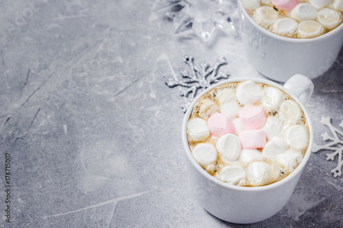 Winter hot chocolate marshmallow drink. Selective focus, space for text, close up. 
