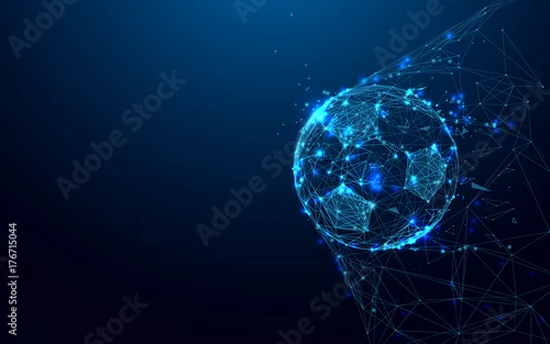 Obraz Piłka w bramce z linii i trójkątów, punkt łączenia sieci na niebieskim tle. Wektor