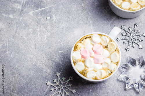 Christmas winter hot chocolate marshmallow drink. Top view, space for text.