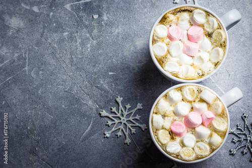 Christmas hot drink with marshmallows. Top view, space for text.
