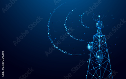 Telecommunications signal transmitter, radio tower from lines and triangles, point connecting network on blue background. Illustration vector