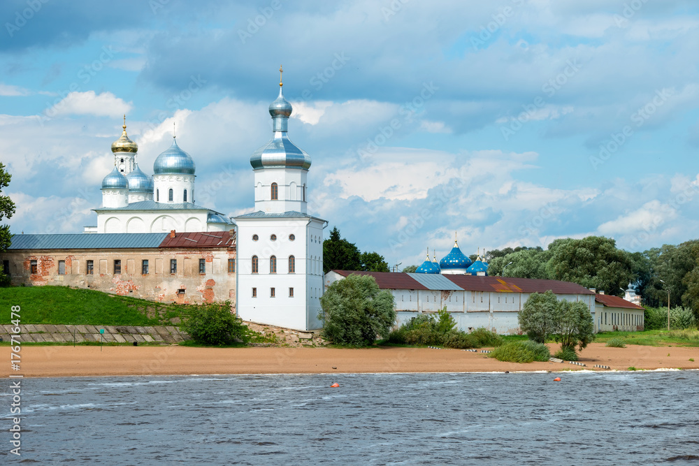 The architectural ensemble of The St. George's (Yuriev)Orthodox Male Monastery on the bank of The Volkhov River. Veliky Novgorod. Russia.