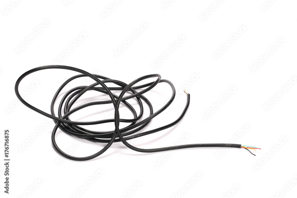 Black damaged, cut cable isolated on white background Black damaged, cut cable isolated on white background