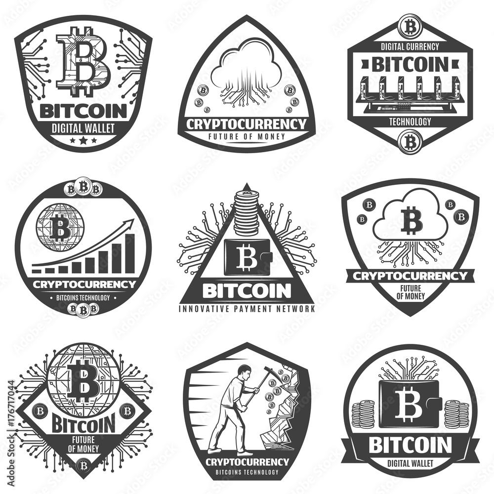 Vintage Monochrome Crypto Currency Labels Set