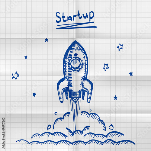 Exercise book sketch rocket startup. Creative idea for startup. Vector illustration