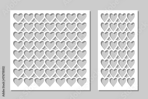 Set decorative panel laser cutting. wooden panel. Modern, elegant geometric heart patterns. Ratio of 1:2, 1:1. Vector illustration.