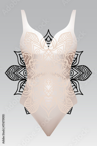 summer swimsuit with modern design beige color mandala ornament.  fashion vector illustration. for design summer cloth. mandala black color background layaer photo