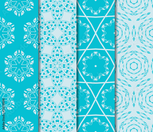 set of 4 seamless geometric pattern with modern floral ornament. sea color background. vector illustration. for wallpaper, print, box design