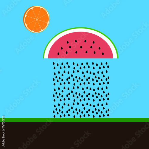 Concept of a rainy melon. Vector illustration. Modern flat design.