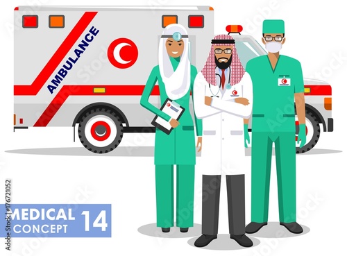Medical concept. Detailed illustration of muslim paramedic man, emergency doctor, nurse and ambulance car in flat style on white background. Vector illustration.