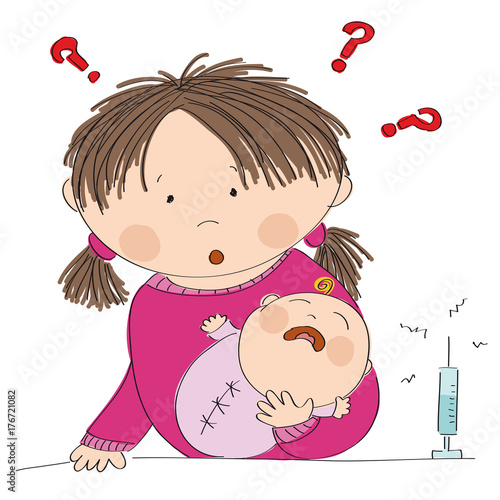 Puzzled young mother holding her baby girl, thinking about vaccination and autism risk - original hand drawn illustration