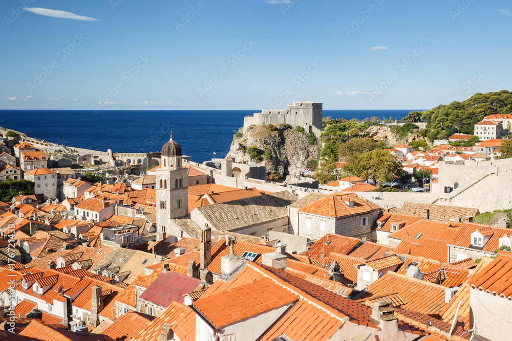view from above of the old city, Franciscan monastery and fortress Lovrijenac. Dubrovnik, Croatia