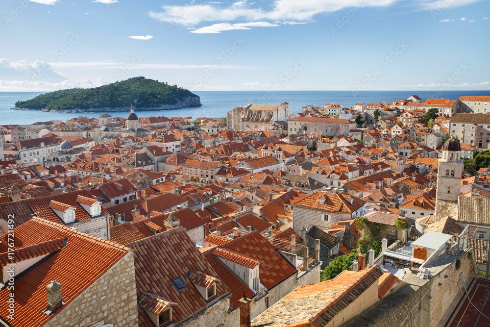 aerial view of the Dubrovnik old town with island Lokrum in a distance, Croatia