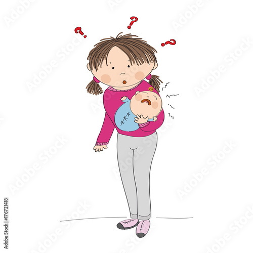 Puzzled young mother holding her crying baby boy. What to do? Why it is crying? Original hand drawn illustration.